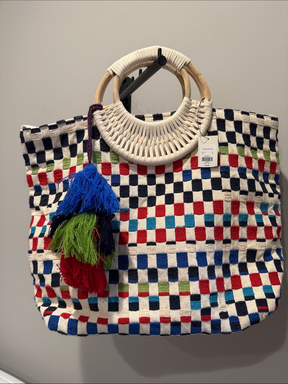 Francesca's Collections Cream Woven Tote with Multicolor Checkerboard and Tassel